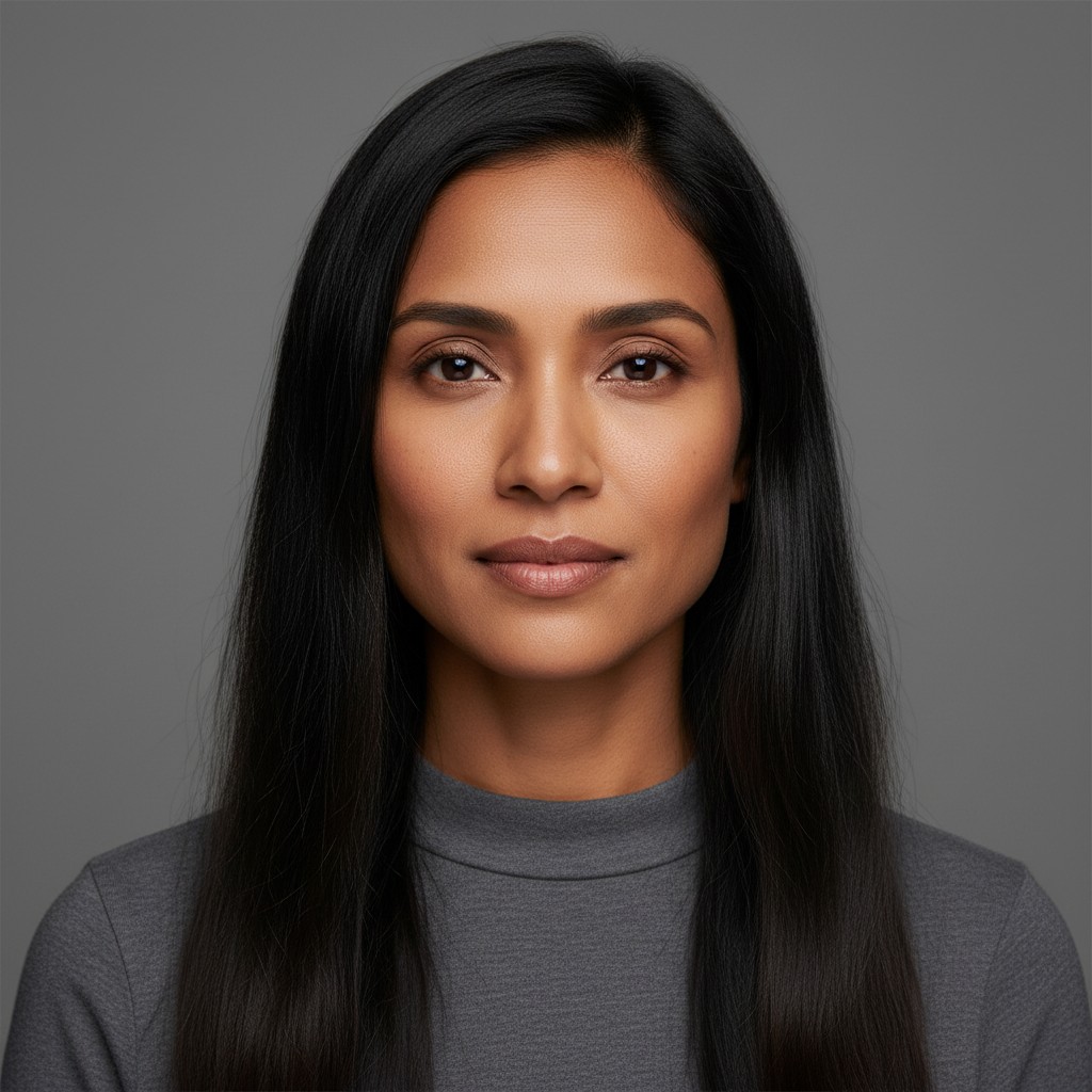 Priya, a synthetic AI model: 30s, long black hair